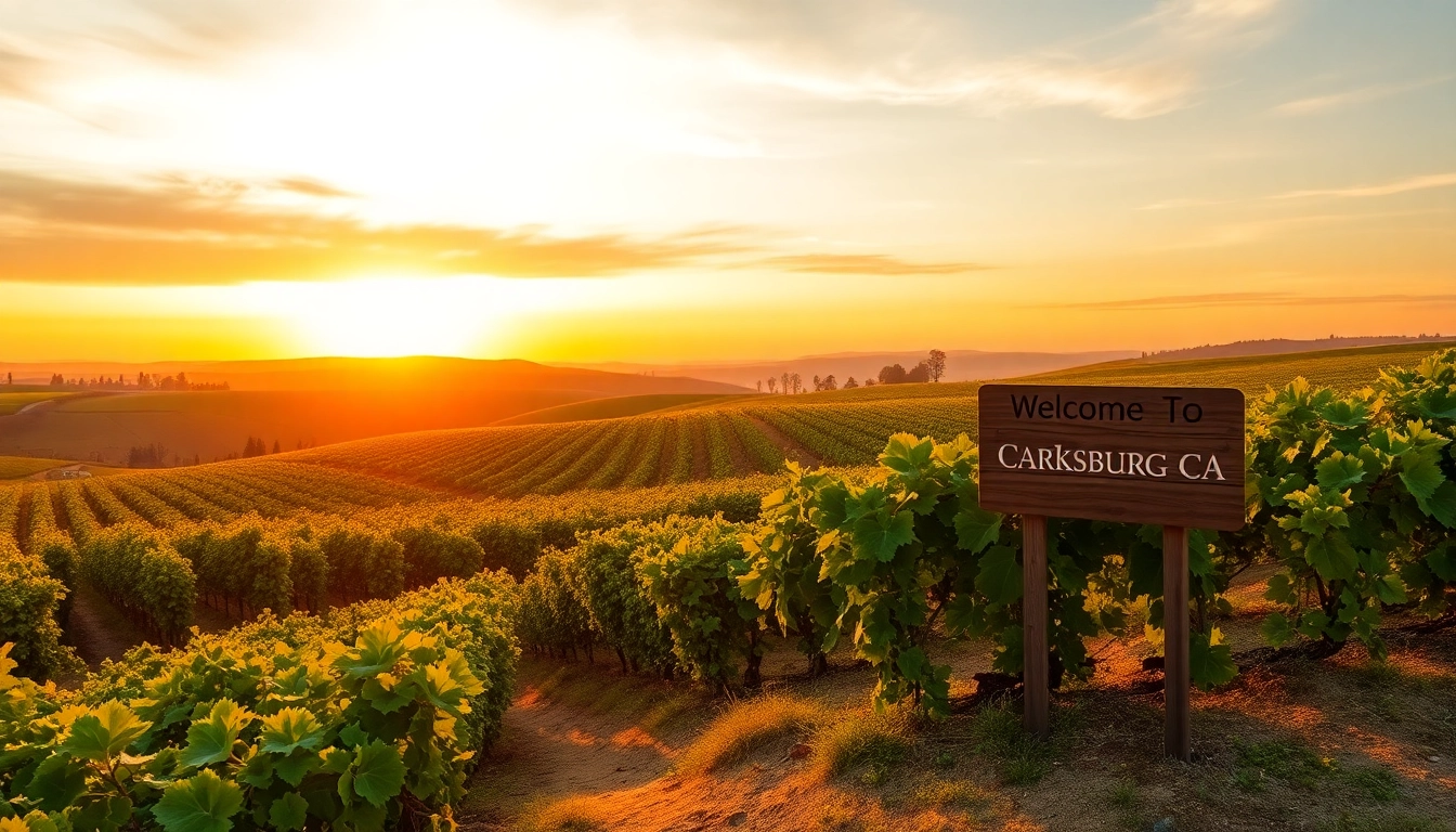 Carksburg CA vineyards basking in golden sunset light with inviting scenic views.