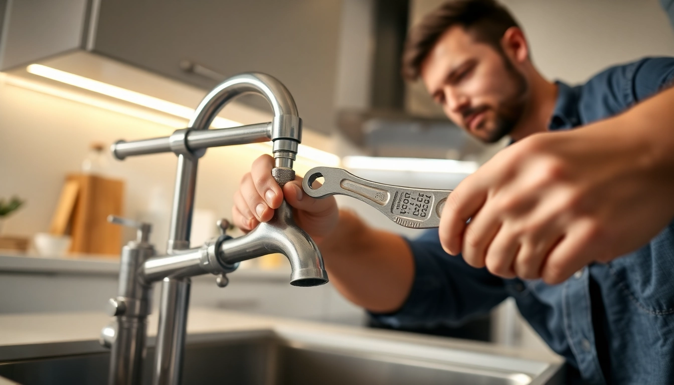 Local plumber repairing a kitchen faucet with precision and care.