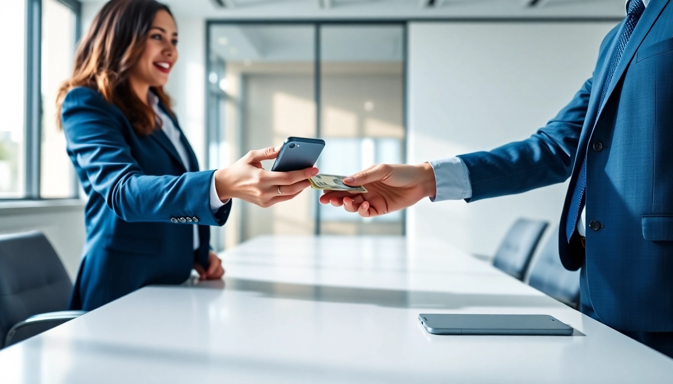 Sell phone today cash transaction between individuals in a modern office.