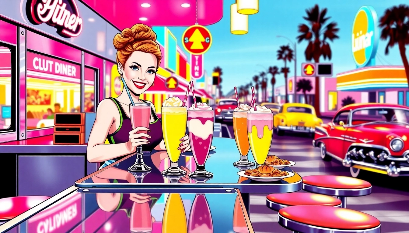 Cheerful waitress presenting vibrant pop art canvas depicting a retro diner scene.