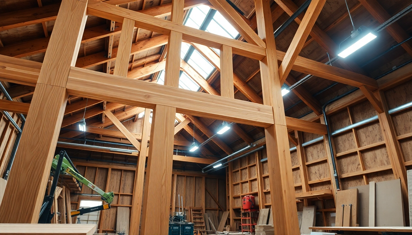 Craftsman building a Structural Timber Frame with precision, showcasing intricate details and tools.