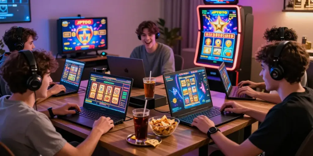 Para pemain menikmati pengalaman di situs jptoto dengan mesin slot berwarna-warni dan peluang jackpot yang menarik.