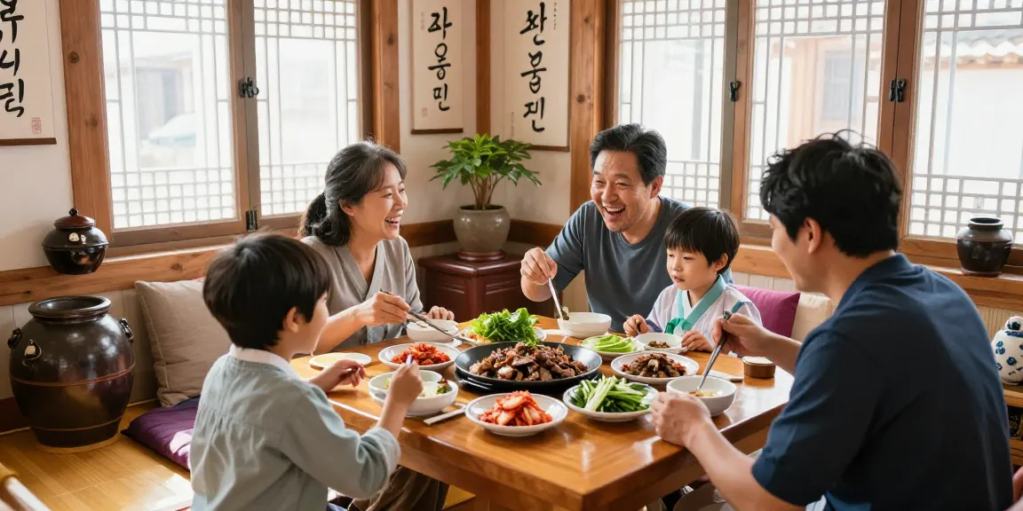 Guests savoring traditional dishes at 상봉동 한국관 family restaurant, featuring vibrant Korean decor and joyful ambiance.