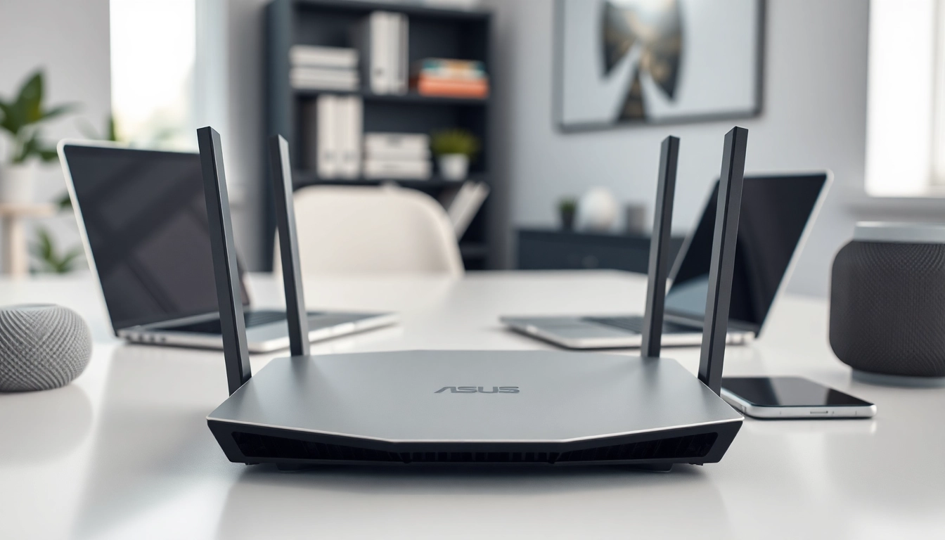 Mã AX88 với bộ định tuyến ASUS RT-AX88U trong không gian văn phòng tại nhà hiện đại
