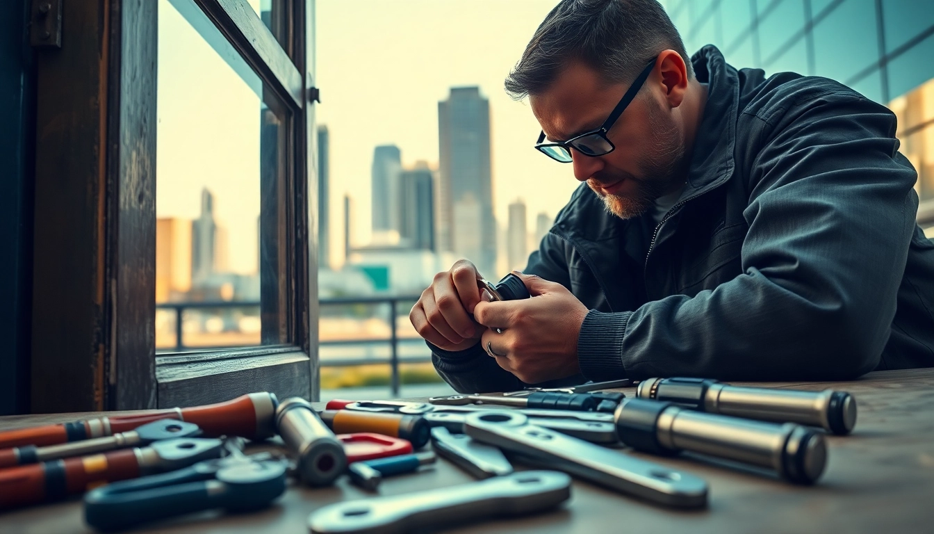 Find a skilled locksmith near me fixing a door lock with expert precision.