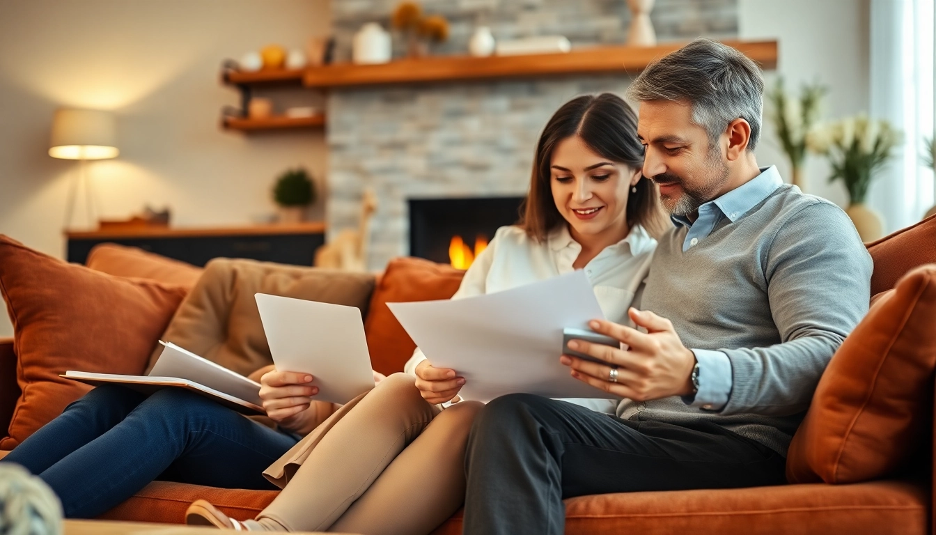Couple exploring heating financing options together in a warm living room.