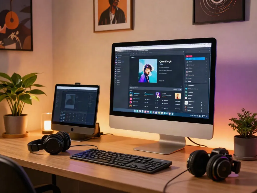 在现代化工作区使用QishuiDouyin汽水音乐下载软件的场景，展现了音乐下载的氛围和乐趣。