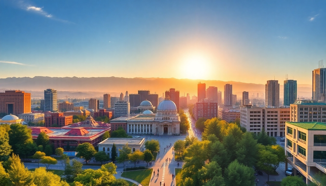 Visit https://albmaftoh.com showcasing a vibrant Almaty cityscape against the stunning Tian Shan mountains.