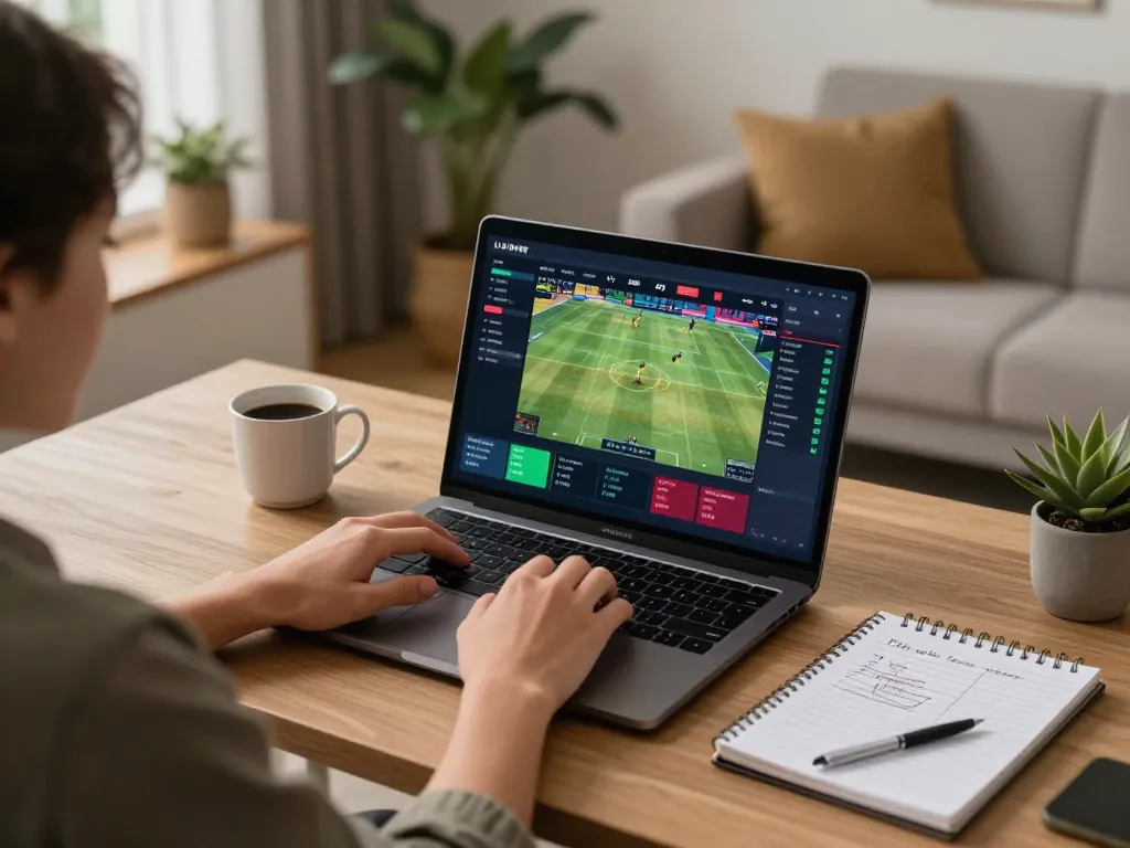 Betting on LV88 platform with live sports on laptop, showcasing home gambling setup.
