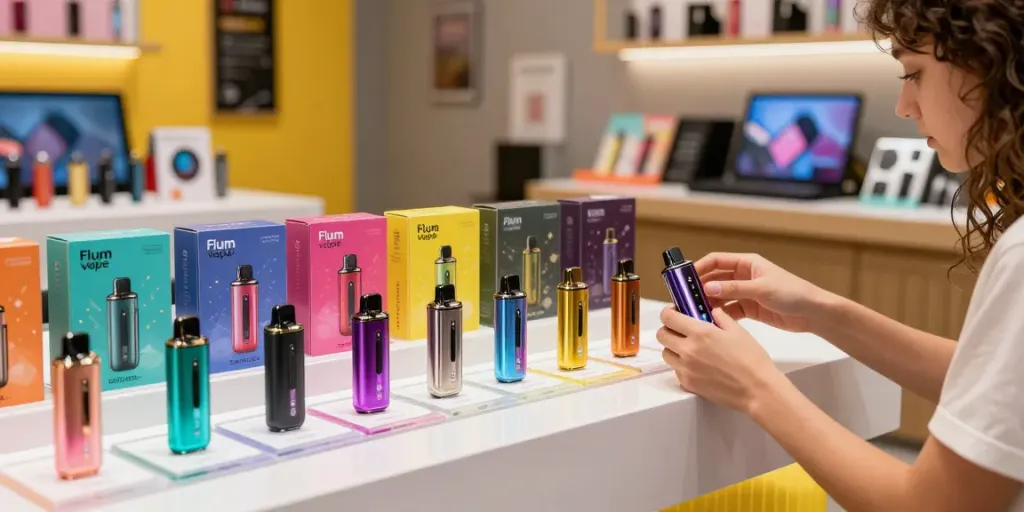 Explore Flum Vape disposable vapes in a trendy retail setting with colorful packaging and warm lighting