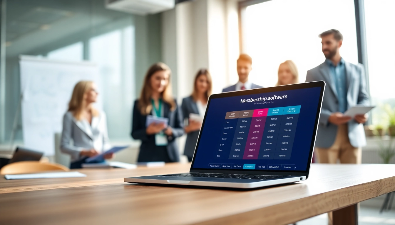 Illustrative overview of membership software pricing displayed on a modern laptop in a collaborative office.