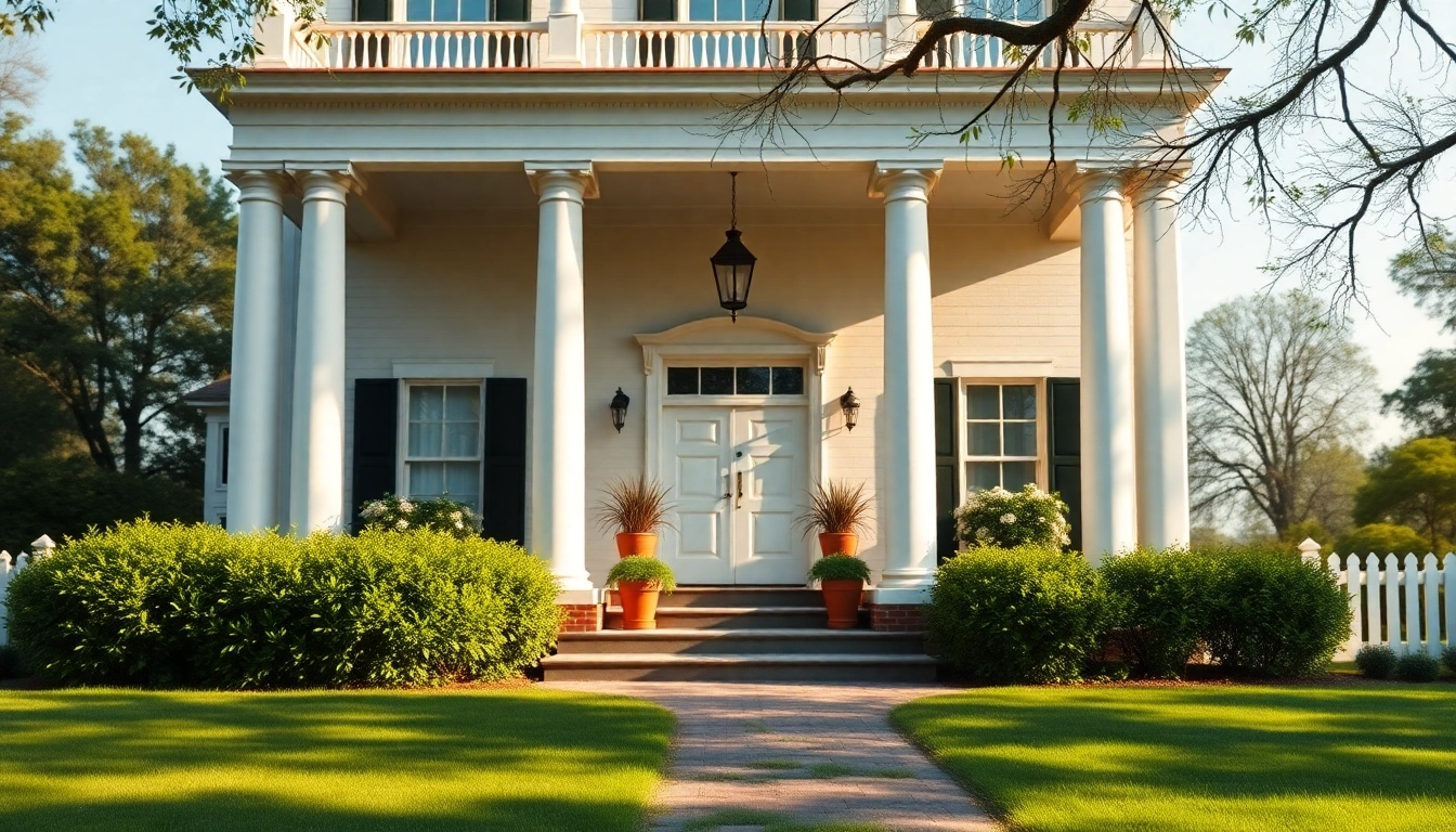 Witness the beauty of a colonial home build with lush surroundings and classic architectural elements.