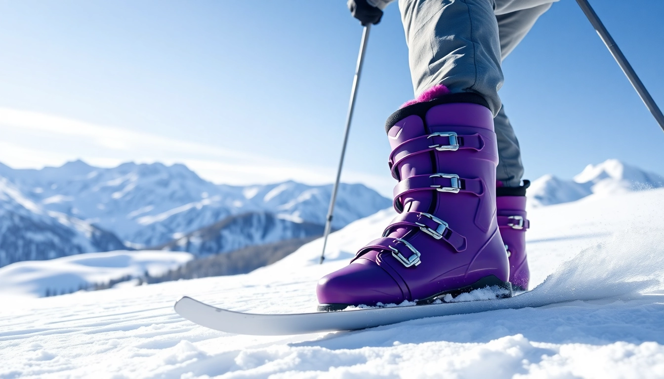 Showcase skier preparing to ski with stylish nordica boots in an alpine setting.