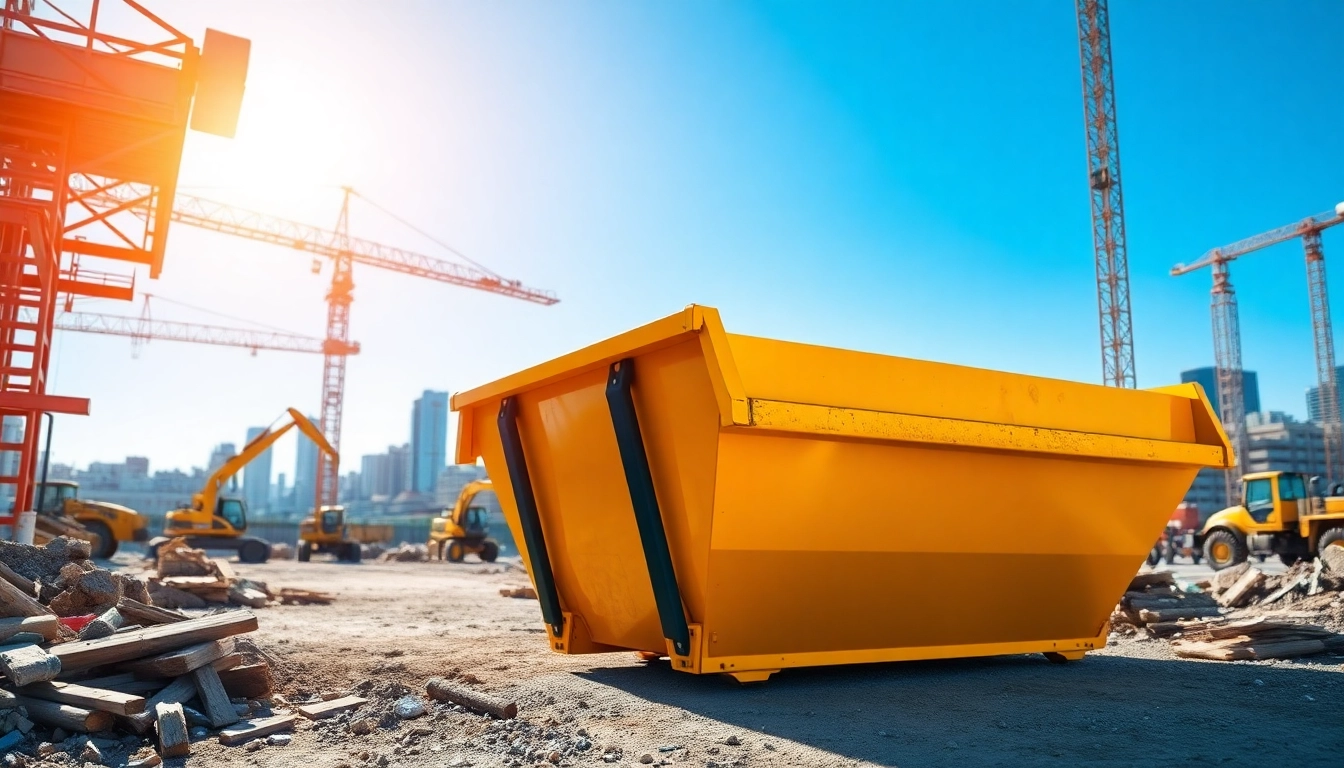 Engaging view of skip hire services at work, featuring a vibrant skip amidst a dynamic urban landscape.