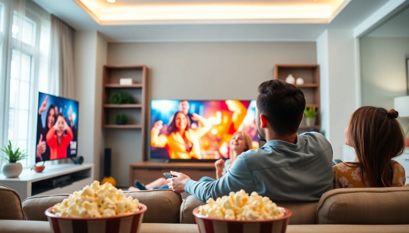 Enjoy an IPTV subscription service experience with a family watching a vibrant TV display.