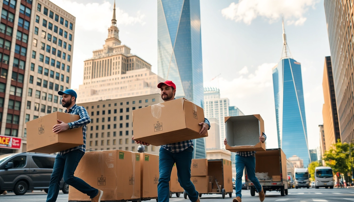 Movers in Boston working efficiently amidst the city's iconic skyline and busy streets.