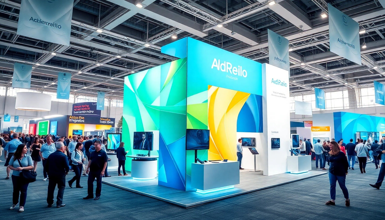 Engaging trade show booth featuring modern design and vibrant graphics in a bustling exhibition.