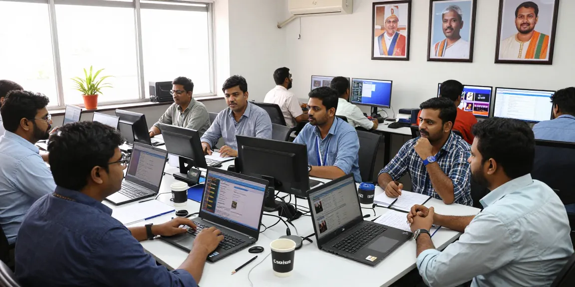 Journalists collaborating at https://www.theindaily.com in a vibrant Indian newsroom.