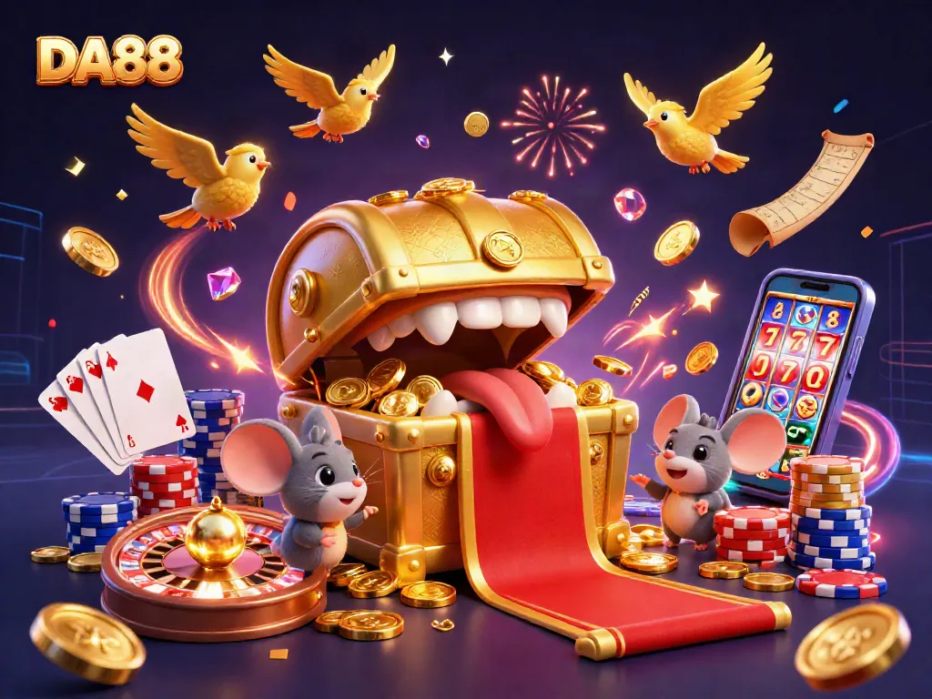 Engaging illustration featuring DA88's treasure chest mimic attracting adventurer mice with sparkling gems and casino elements.
