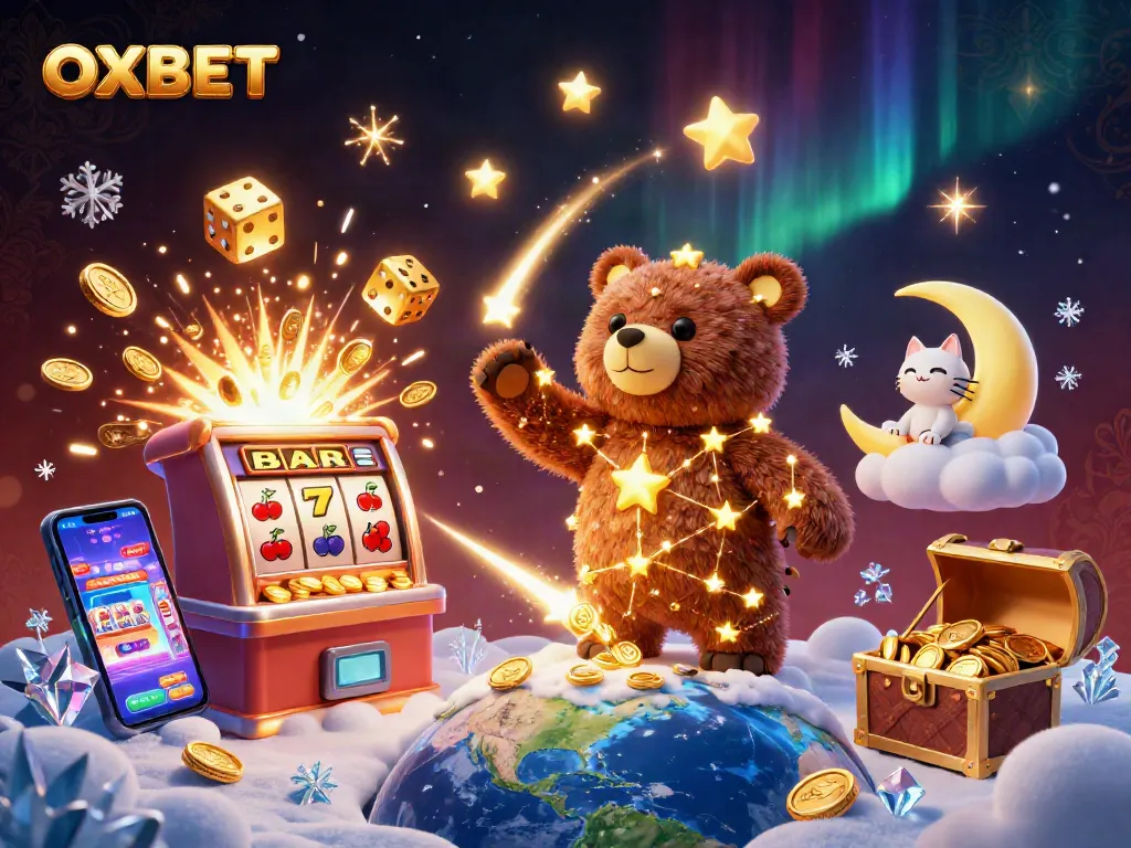Engage with OXBET's exhilarating slot experience featuring dynamic casino elements in a vibrant 3D scene.