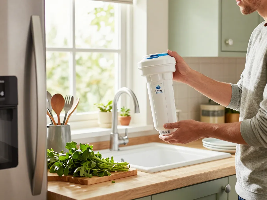 Person installing Waterdrop Plus UKF7003 Replacement for Maytag® UKF7003 in a bright kitchen.