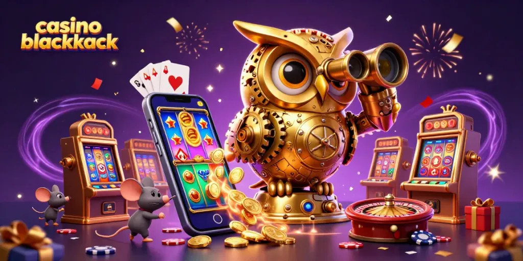 Descubre la acción del blackjack en el casino con un búho mecánico y ratones en la escena.