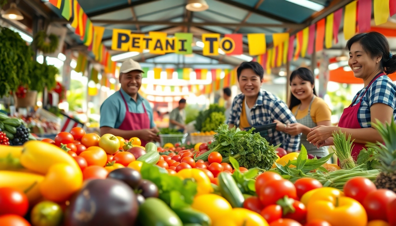 Menggambarkan aktivitas petani toto di pasar yang ramai dengan hasil pertanian segar