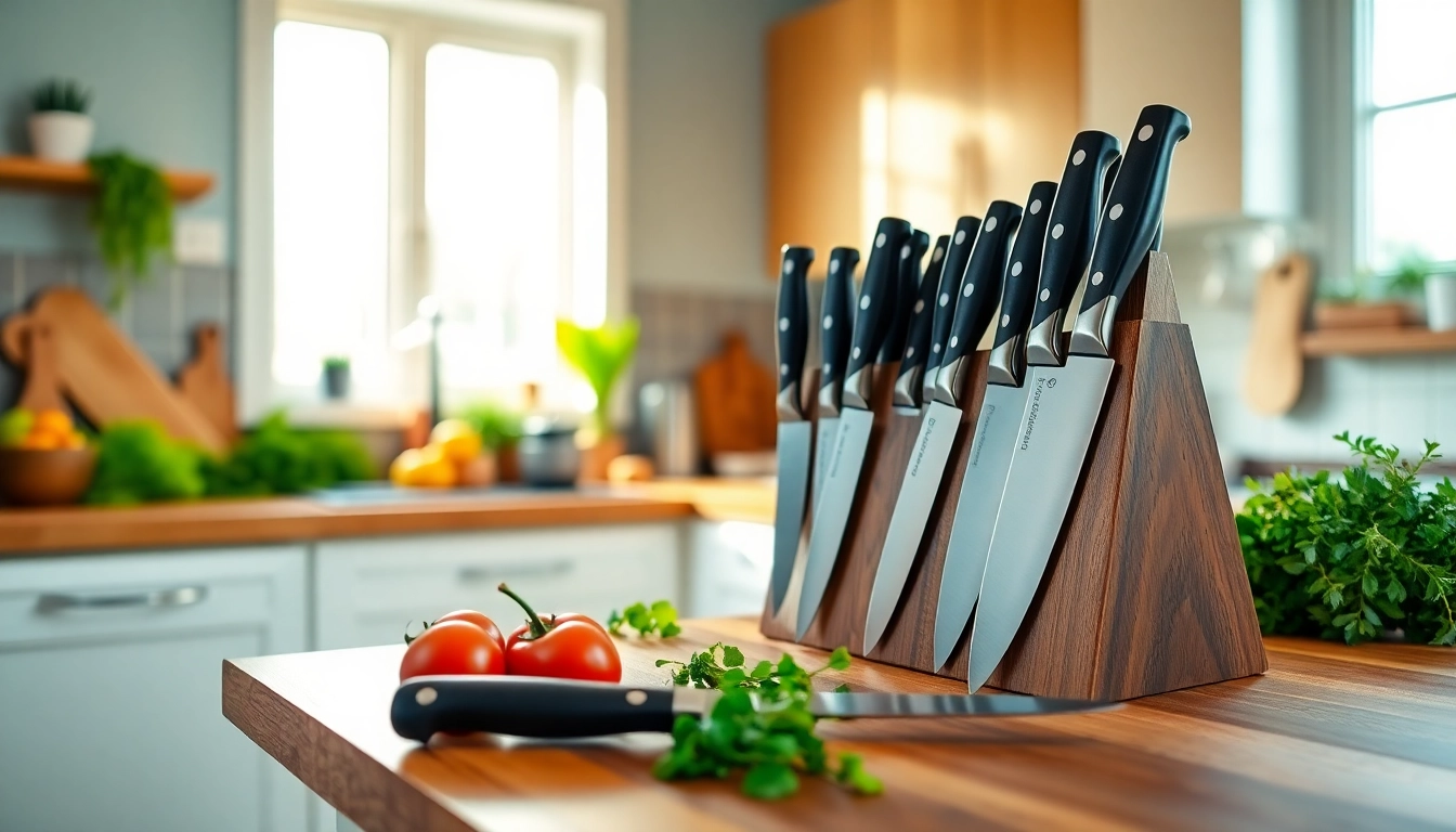 Showcase of a premium knife set NZ with colorful vegetables in a bright kitchen.