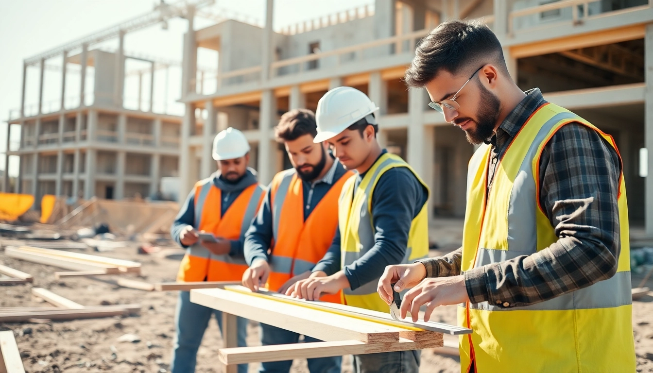 Construction apprenticeship training with apprentices collaborating on-site.