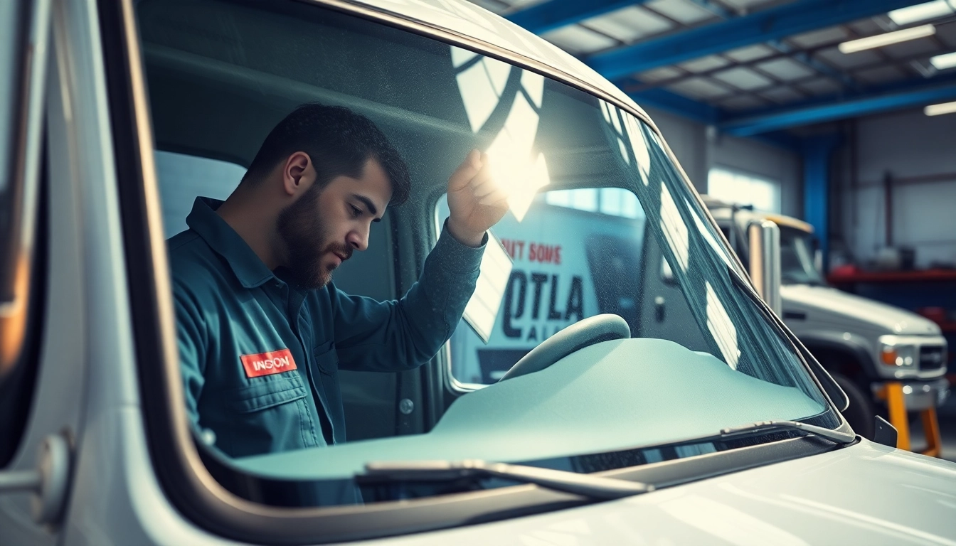 Truck windshield replacement Denver by a skilled technician in a modern auto shop.