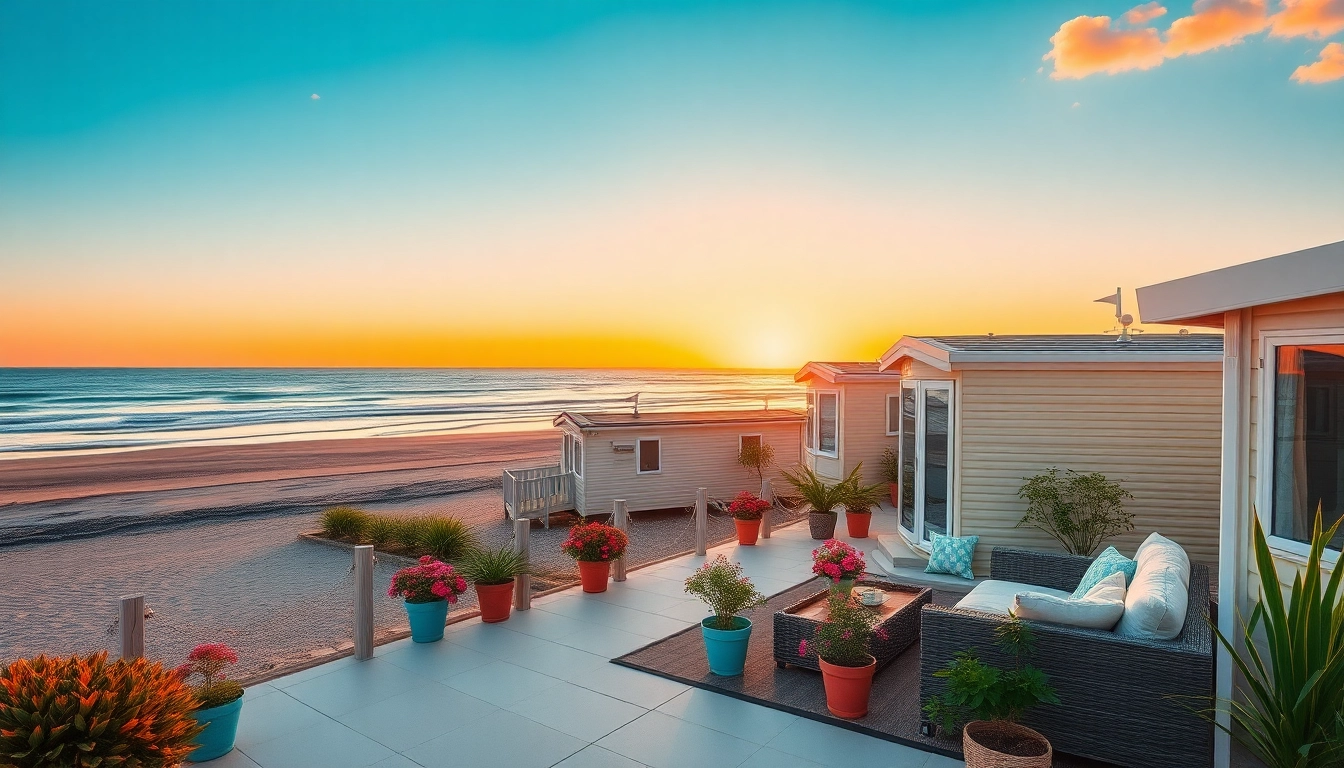 Inviting static caravans at sunset by the beach, showcasing cozy outdoor living.