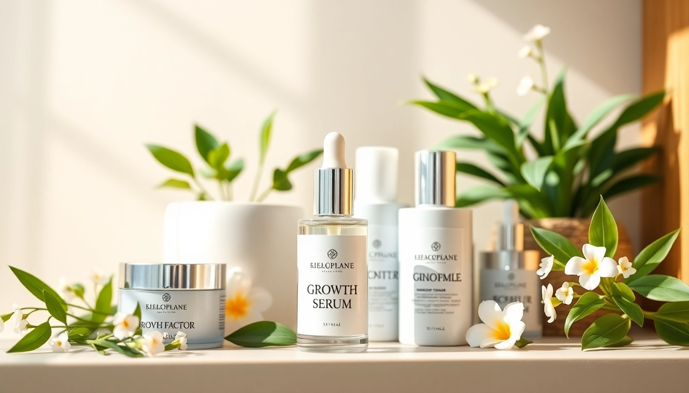 Highlighting the affordable growth factor serum among lush greenery and elegant decor, creating an appealing skincare ambiance.