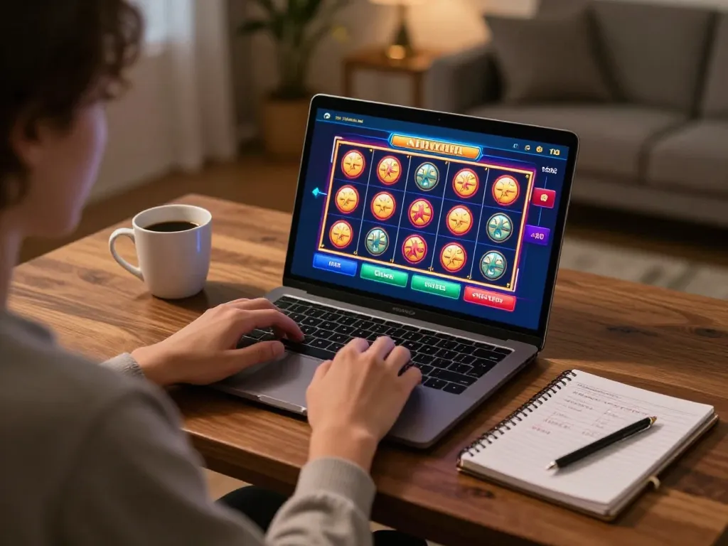 Engaging in online casinos Canada while playing vibrant slot games at home with a laptop.