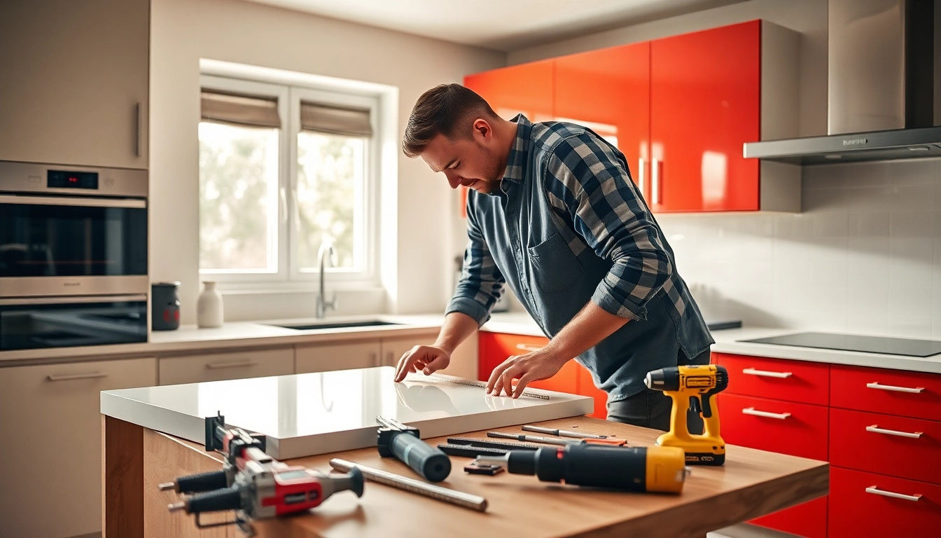 Craftsman engaged in Kitchen Worktops Fitting with precision tools in a modern kitchen.