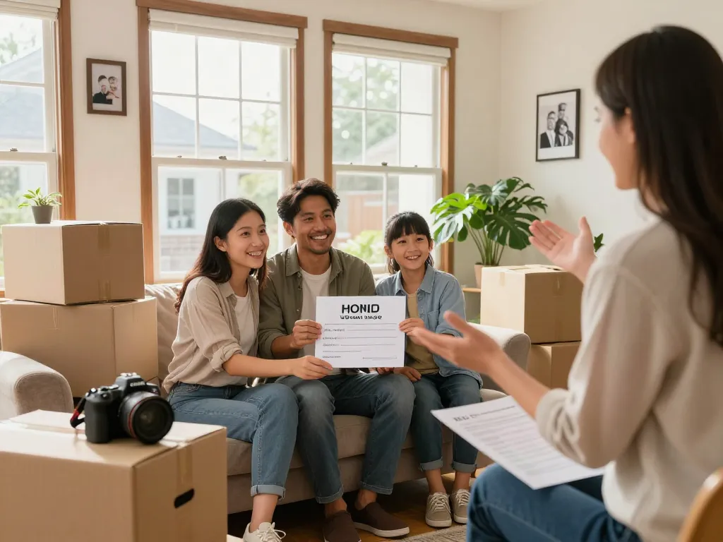 We buy houses for cash; family receiving offer in bright living room.