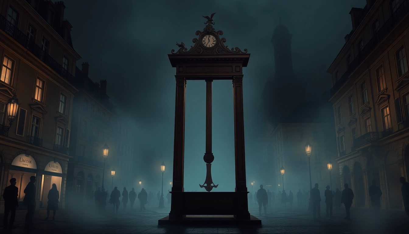 Visual representation of the guillotine origin phrase embodied by a historically accurate guillotine in a Paris street scene.