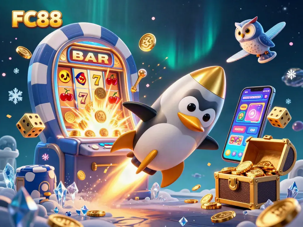 Experience thrilling fun with FC88 as the penguin rockets through space towards a casino jackpot delight.