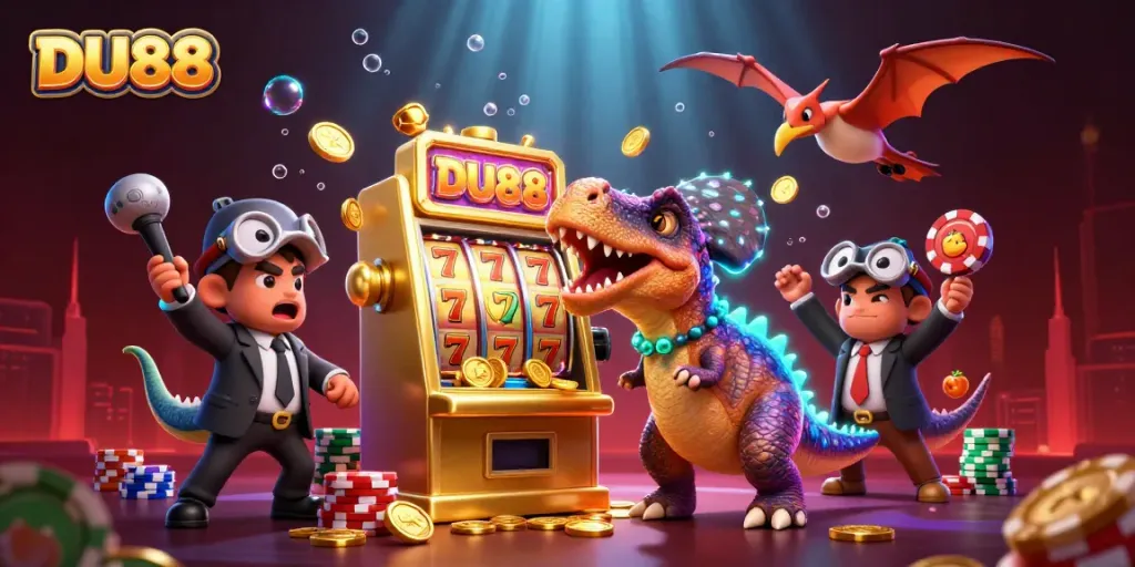 Experience thrilling DU88 moments of a dinosaur-themed casino scene with headbutting characters and winning slot machines.