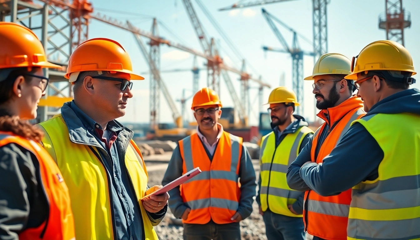 Highlighting construction safety programs with workers in safety gear on a vibrant construction site.