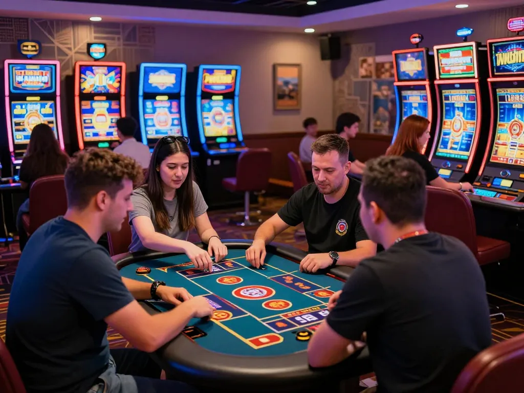 Engaging casino hubet88 scene with diverse players enjoying various games.