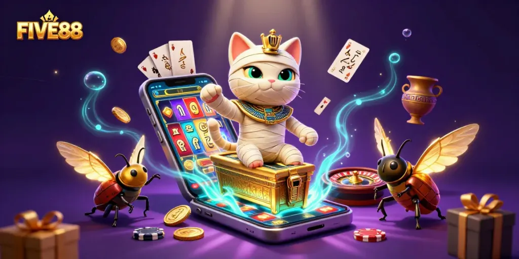 FIVE88 elevates gaming excitement with a mummy cat, slot games, and dazzling coins.