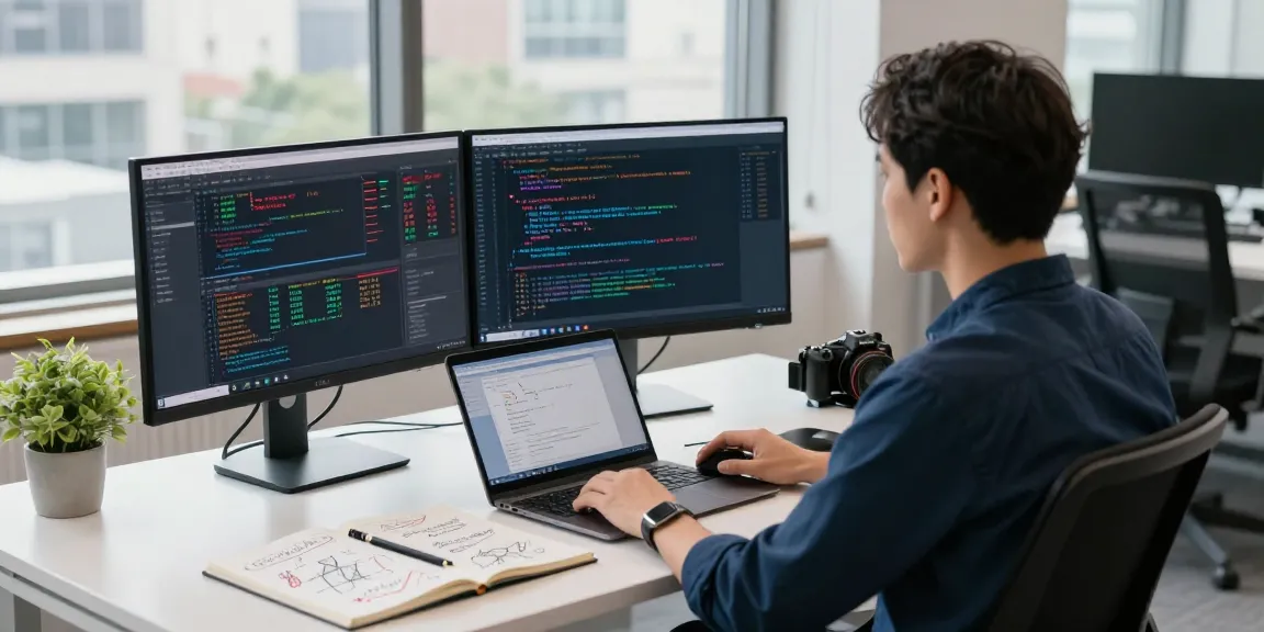 TSE stock exchange data feed displayed on developer's monitors in a modern tech workspace.