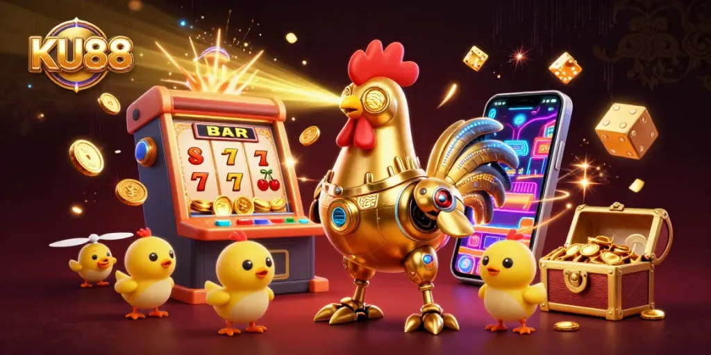 Experience thrilling slots at KU88 with a dynamic casino scene featuring a golden rooster robot and jackpot excitement.