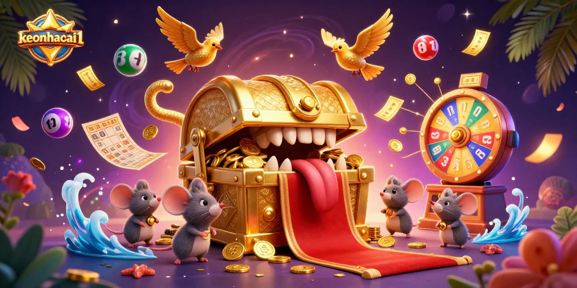 Engage with exciting games at keonhacai1, featuring a lively scene with bouncing lottery balls and festive elements.