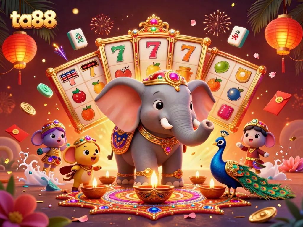 Experience thrilling gameplay at ta88 with a vibrant illustration featuring colorful slots and festive elements.