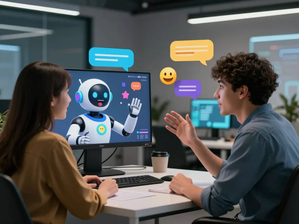 Engaging interaction in a modern virtual chat about sex chat ai with expressive chatbot avatar and colorful digital elements.