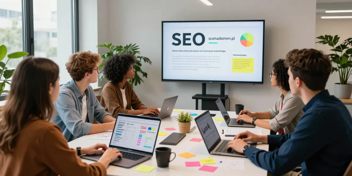 Marketing team discussing SEO strategies for scenadomen.pl in a modern workspace.