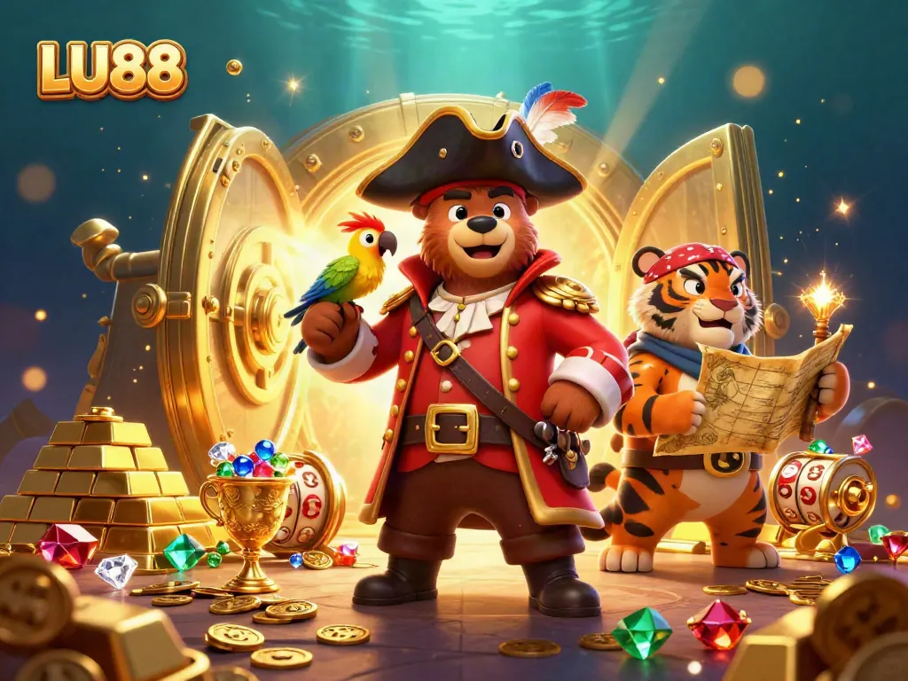 LU88 slots and treasures come alive in this vibrant 3D illustration featuring a pirate bear captain.