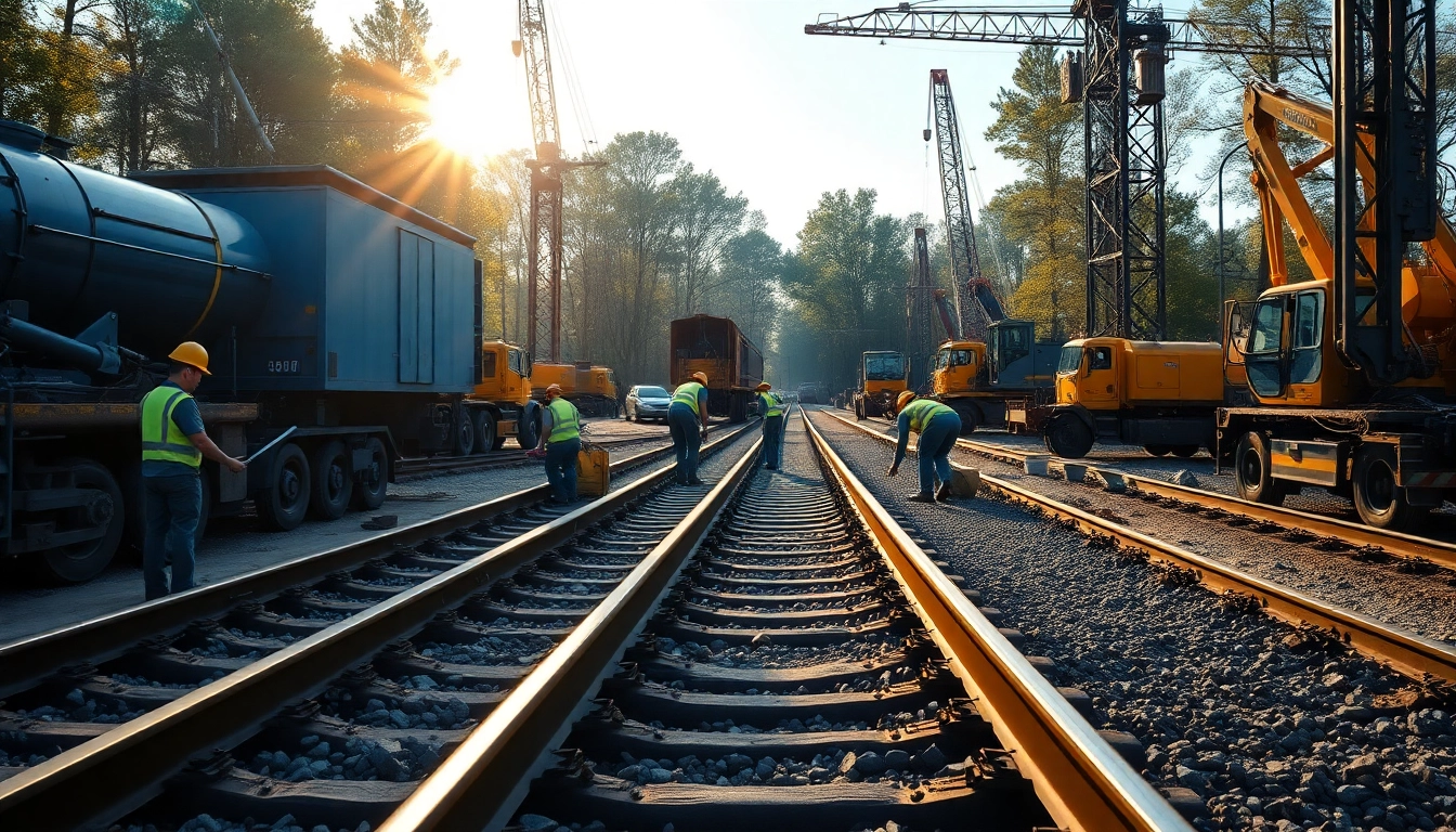 Workers engaged in railroad construction, focused on laying tracks in a busy area.