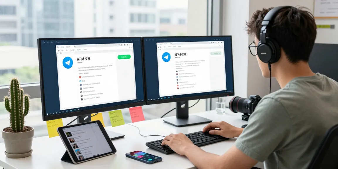 Professional workspace showcasing Telegram interface on screens with 纸飞机中文版 displayed, highlighting tech-savvy communication.